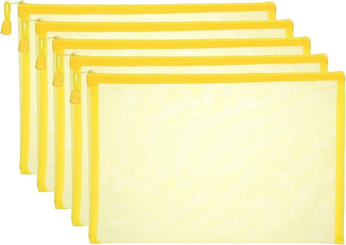 PATIKIL A4 Mesh Zipper Pouch Bags, 5 PCS Mesh Bags with Zipper Plastic Storage Pocket for Organizing File Beads Office Home Supplies, 34x24cm, Yellow