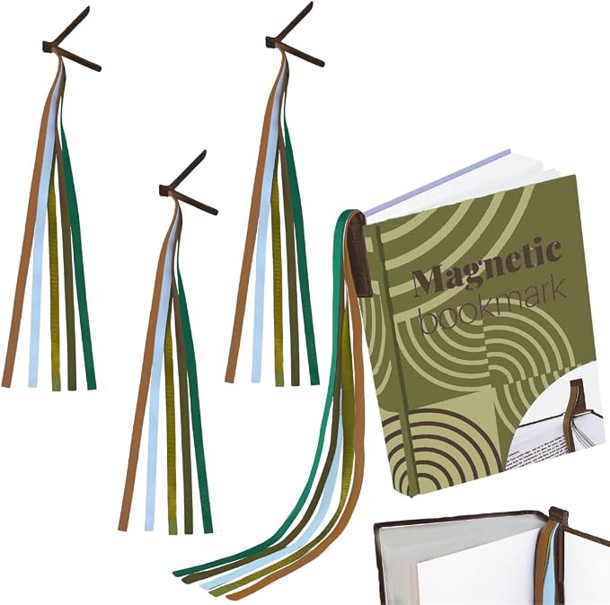 Superior Essentials Magnetic Bible Bookmark - Genuine Leather, Attachable Bible Ribbon Bookmarks for Book Lovers with 5 Colorful Strings (Forest, 3PC)