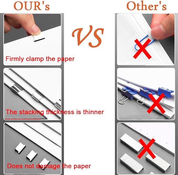 2 Pcs Handheld Reusable Creative Stapler Push Stapler Clips Paper Clamp Dispenser 40 Sheet, 100 Stainless Steel Refill Binder Clips for Office Document School Supplies