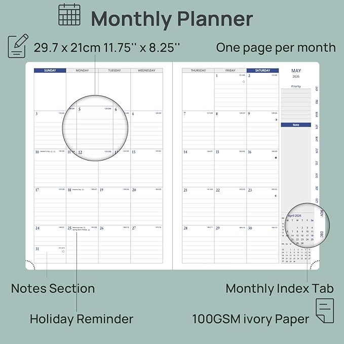 POPRUN 2026 Planner - Weekly And Monthly Planner (A4 Size 8.25'' x 11.75''), 15-Minute Hourly Planner & Appointment Book (Jan 2026 - Dec 2027), Monthly Tabs, Inner-pocket - Brown