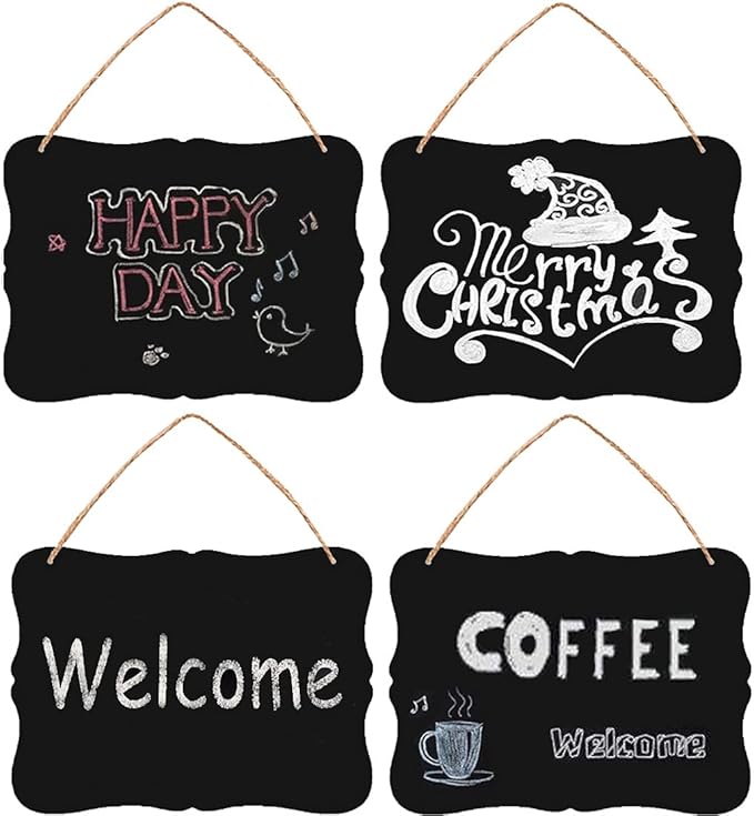 Wood Chalkboard Double Sided Erasable Chalkboard,Signs Message Board, Message Memo Display 10x8 Inches with Jute Hanging String,Wall Decoration (4)