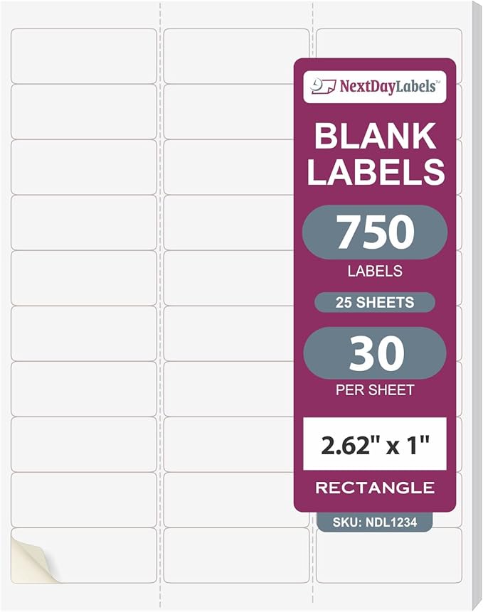 NextDayLabels 2.63x1 Inch Rectangle Stickers White Blank Labels for Laser Inkjet Printer - 30 Per Sheet Self-Adhesive Address Mailing Name Tags Made in USA - 750 Labels