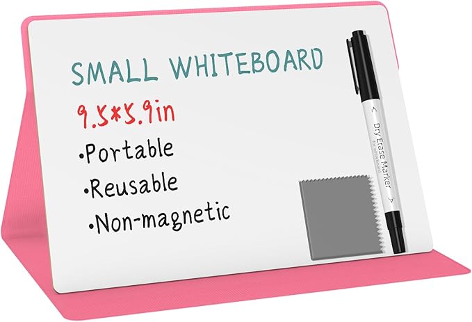 Portable Small White Board,Reusable Dry Erase Board with Stand,Desktop Whiteboard for Office Meeting Bussiness Home 9" x 6" with Marker, Wipe Cloth (Pink)