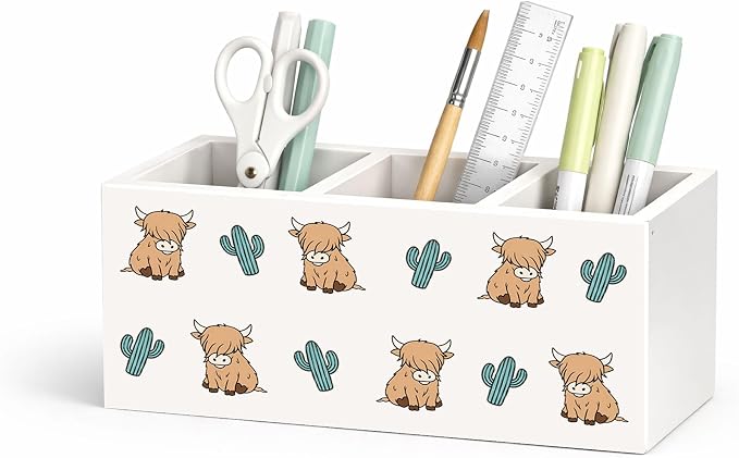 Highland Cow and Cactus Wooden Desk Organizer, Cute Cow Design Pen Pencil Holder with 3 Compartments, Decorative Office Supply Storage Box for Desk, Home, Office, Gift for Animal Lovers