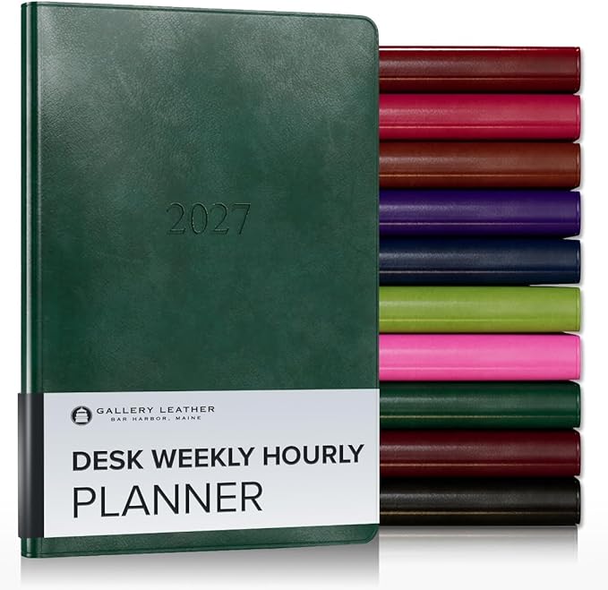 Gallery Leather Desk Hourly Weekly Monthly Planner 2027, Elegantly Bound Calendar Planner and Notebook with Stylish Gold-Gilded Page Edges, 12 Months - Acadia Green - 8x5.5"