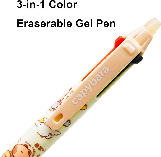 Maydahui 4 Pcs 3 Colors Cute Capybara Erasable Pens Multicolor 3-in-1 Retractable Pen 0.5mm Black Blue Red Ink 4 Styles Kawaii Cartoon Animal Pens for Sutdents Birthday Gifts Shcool Office Supplies