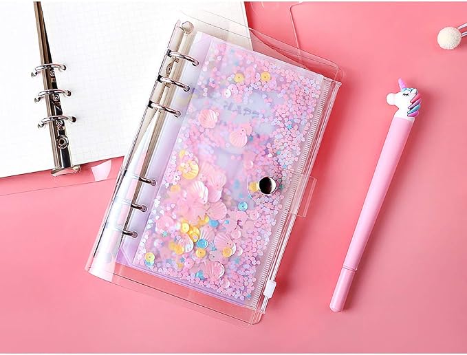 3 Pack A6 6 Holes Binder Pockets Plastic Binder Zipper Folders Waterproof 6 Holes Zipper Loose Leaf Bags Zip Lock Envelope for Documents Notebooks Cards (Sequins Decorate Zip Pocket, A6)