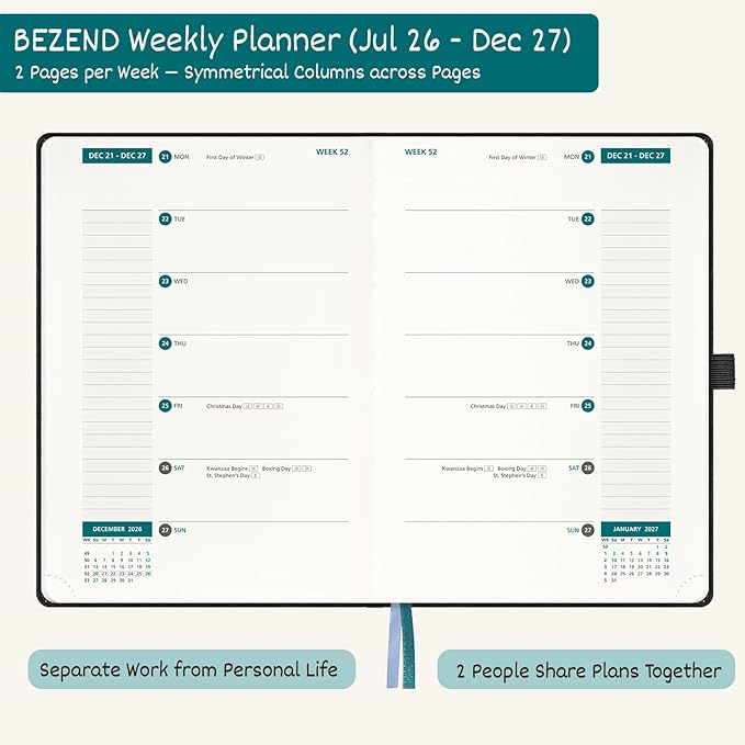 BEZEND Weekly Planner 2026-2027 (6" x 8.5") 2-Column Dual Schedule for Work/School/Home or 2 Person (Jul 26-Dec 27) 18 Months Academic Calendar with Tabs, PU Leather Hardcover -Fruit Green