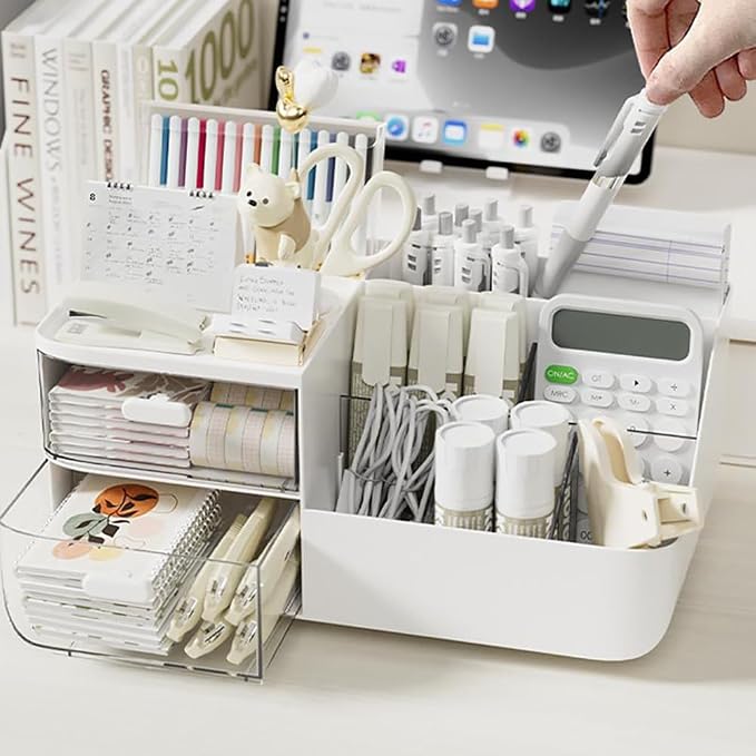 Drawer Organizers Accessories with 7 Compartments and 2 Drawers, Large Capacity Cosmetic Display Case, Pen Holder, Art Supply Storage Box Caddy for Office School and Home