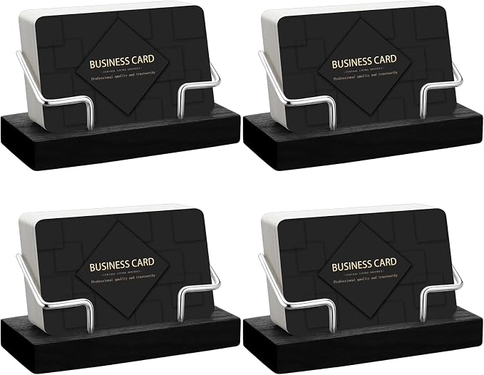 Amyhill 4 Pcs Wood Business Card Holder Display for Desk Metal Wooden Name Card Organizer Business Display Holders for Women Men Office Home Decoration(Black)