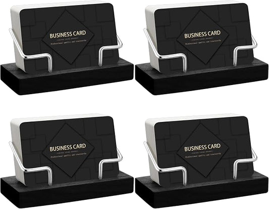 Amyhill 4 Pcs Wood Business Card Holder Display for Desk Metal Wooden Name Card Organizer Business Display Holders for Women Men Office Home Decoration(Black)