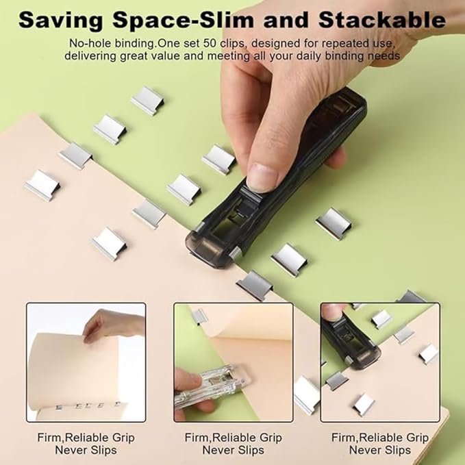 2PCS Portable Binder Clip Stapler - Damage-Free Paper Binding, No Holes, Include 116 Reusable Clips, Push Clip Binding, One-Handed, Easy Operation (2pc+100 Clips)