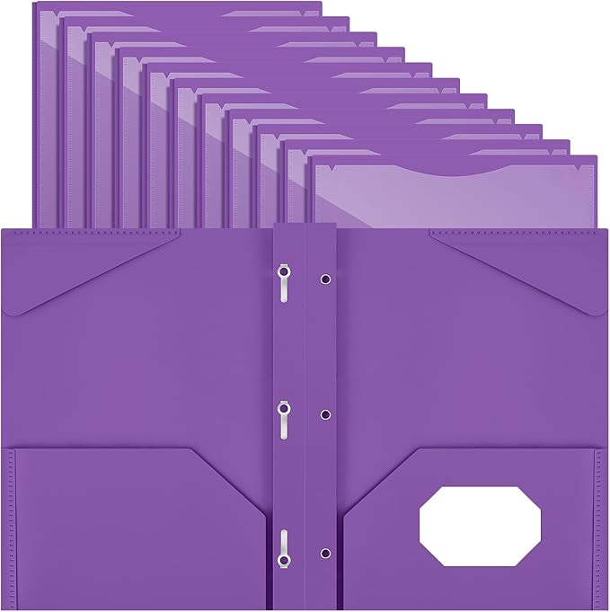 Henoyso 18 Pcs Plastic Folder with Clear Front Pocket and 3 Prong Plastic Folders with Card Slot Pocket Folders with Prongs for School Office (Purple)