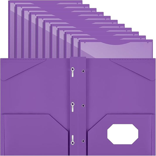 Henoyso 18 Pcs Plastic Folder with Clear Front Pocket and 3 Prong Plastic Folders with Card Slot Pocket Folders with Prongs for School Office (Purple)