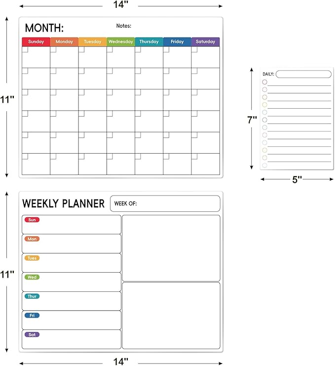 3 Pack， Magnetic Dry Erase Calendar for Refrigerator - Monthly, Weekly, Daily Magnet Fridge Whiteboard Planner for Chore Chart, Menu, to Do List, 14"X11", w/ 6 Markers, Style 3