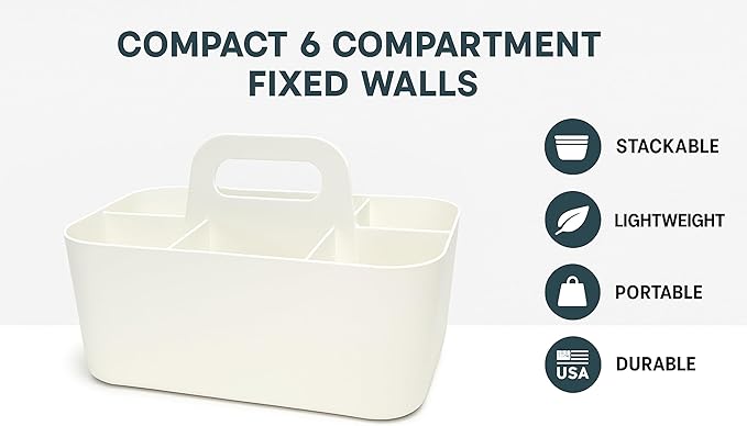 2 Pack Small 6 Compartment Multiuse Caddy Organizer with Handle Art Craft Supplies, Office, Desk, Stationery Pen Holder Stackable- Made In USA (Ivory)