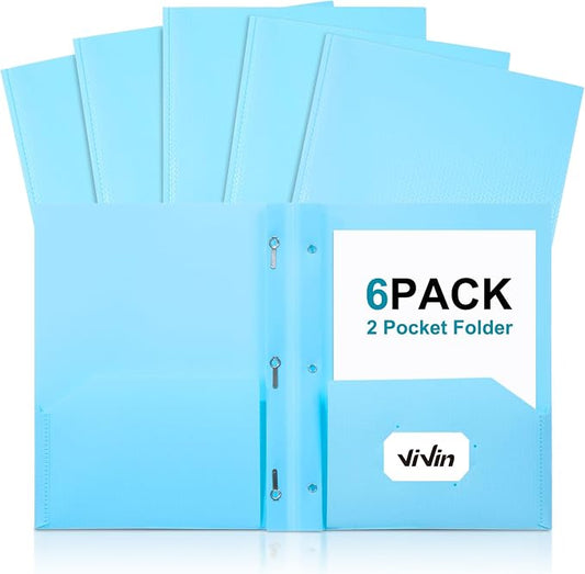 ViVin Sturdy Plastic Folder with Pockets,6 Pack,Heavy Duty Two Pocket 3 Prong Folders,Holds Letter Size Paper,File Folders with Business Card Slot for School Home and Office(Light Blue)