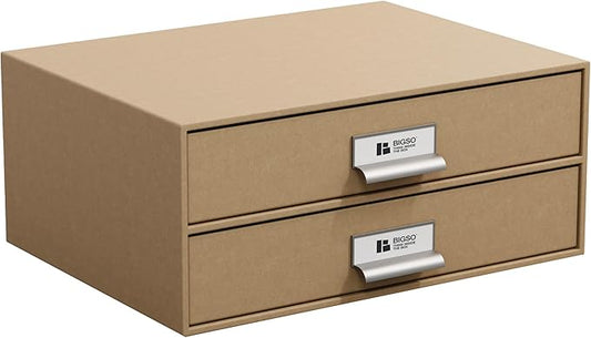 Bigso Birger 2-Drawer Fiberboard Document Letter Box - Paper Storage Drawers for A4 and Letter Sized Documents - Desktop Drawers with Label Holder - W 13.1 x D 10 x H 5.7 (inches) - Kraft