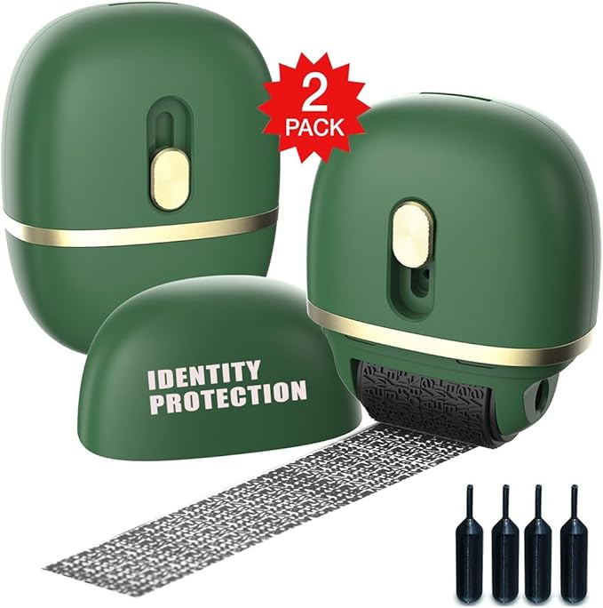 Lomil Identity Protection Roller Stamps 2 Pack - Confidential Roller Stamp with 4 Refills - Wide Identity Theft Protection Stamp for ID Blockout, Privacy & Security(Green)
