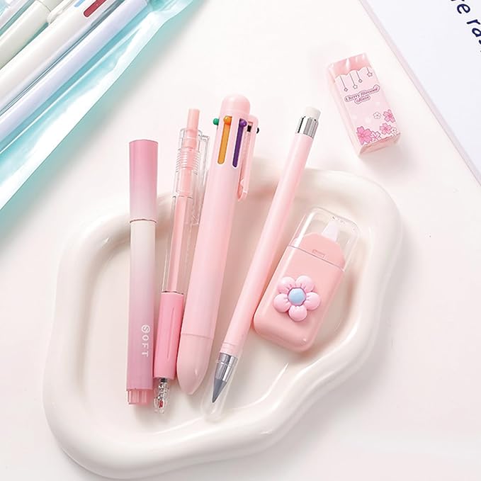 MOZXIRZ 6 Pcs Cute Pink Stationery Set for Women Back to School Supplies Office Supplies Including Gel Ink Pens 6-in-1 Ballpoint Pens Pencil Eraser (Pink)