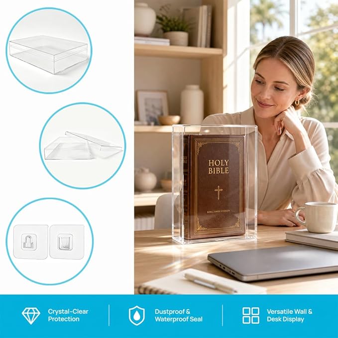 Acrylic Bible Display Case Wall Mount, Clear Acrylic Display Case for Bible, Vertical & Horizontal Book Protector Case for Collectors to Display and Storage Bibles, DVDs, 10.2 x 7 x 2.4 Inch