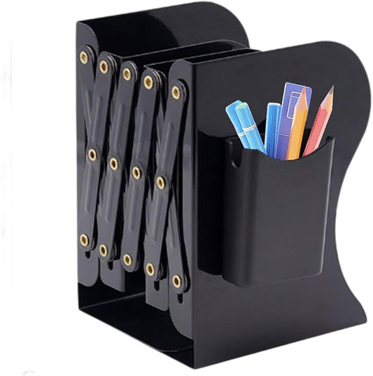Book Ends for Shelves,Metal Bookends,Book Ends Scalable with Pen Holder(Black)