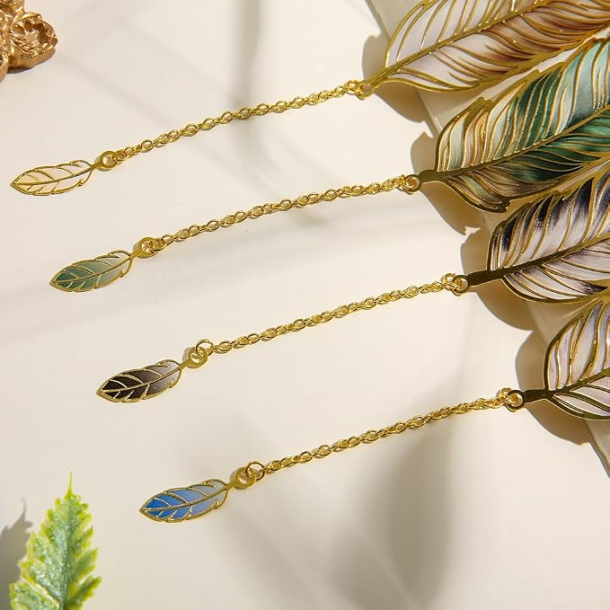 icceemee 4pcs Metal Feather Bookmarks with Bookmarks for Women, Writers, Readers Durable Book Markers Book Accessories Unique Gifts for Men, Women