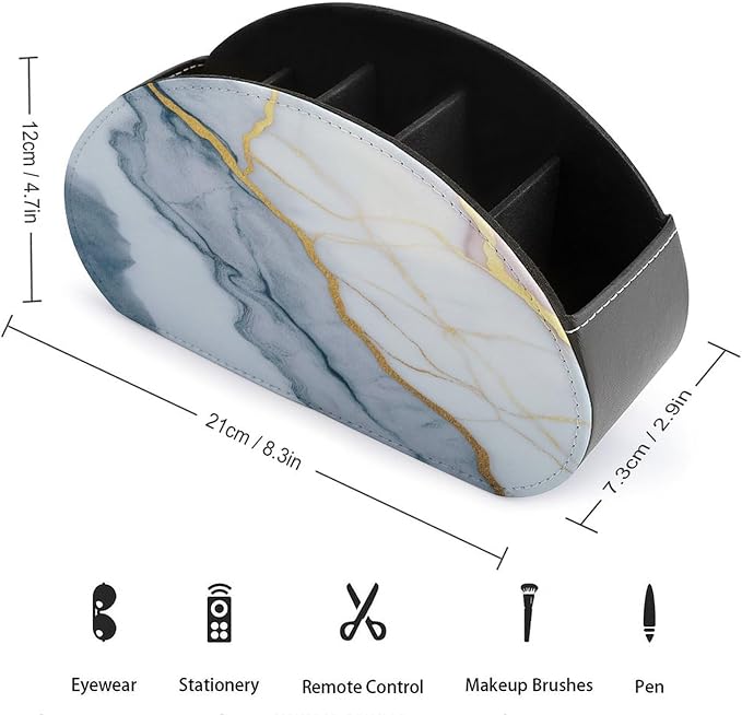 White Gold Marble Texture Remote Control Holder with 5 Compartments Leather TV Remote Caddy Remote Storage Box Desktop Organizer for Pen/TV Remotes/Media Controllers/Office Supplies