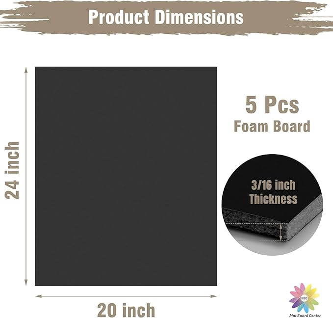 Mat Board Center Pack of 5, 20X24 Foam Boards Acid Free Black Foam Core Boards for Mounting, Crafts, Display, Presentation and Projects, 3/16" Thick