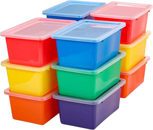 12 Pcs Bins for Classroom Plastic Storage Bins with Lids Storage Bins Storage Organizer Bins Plastic Shelf Containers 15 Sheets Self Adhesive Labels for Classroom School Home Office Supplies