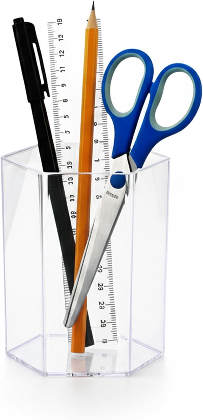 Acrylic Pen Holder for Desk | Hexagonal Cute Pen Holder | Multipurpose Clear Acrylic Makeup Organizers, Clear Toothbrush Holder Cups & Pencil Cups for Classroom, Office Desk Accessories