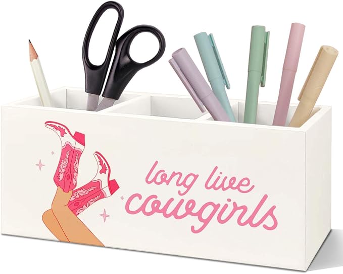 SNNDER Long Live Cowgirls Pen Holder for Desk, Preppy Pink Western Cowgirl Wooden Box Sign Desk Decor for Home Office Tabletop Shelf Decoration, Country Girl Gifts Pencil Organizer