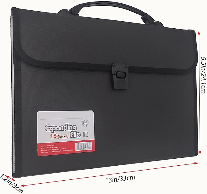 Expanding File Folder with Labels, 13 Pocket Accordion File Organizer, Letter A4 Paper Document Accordion Folder, 1 Pack (Black)