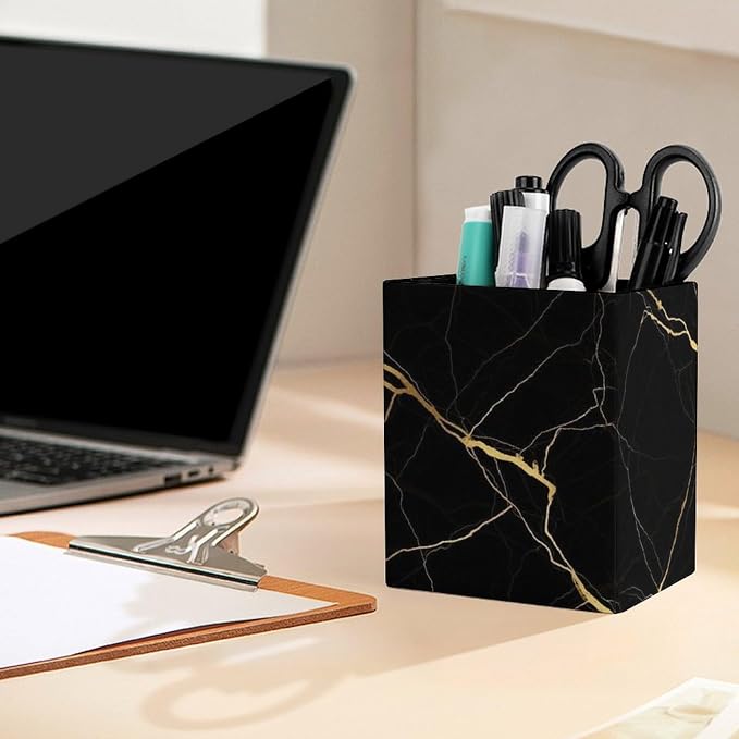 Pen Holder Stand For Desk, Pencil Pen Holder Cup, Desktop Stationery Organizer, Waterproof Multifunctional Office Supplies Black Marble Gold Texture
