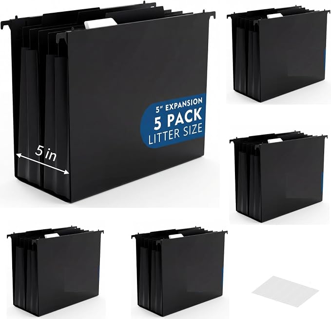 5 Pcs Plastic Extra Capacity Hanging File Folders, 5 Inch Expanding Pocket with Movable Dividers, Letter Size Black File Folders with Insertable Tabs for Filing Cabinet