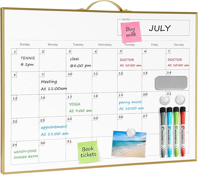 TSJ OFFICE White Board Calendar - 12 X 16 Inches Magnetic Dry Erase Board Monthly Calendar, Double Sided Whiteboard with a Handle, to Do List Notepad for Office, Home, School, Gold Aluminum Frame