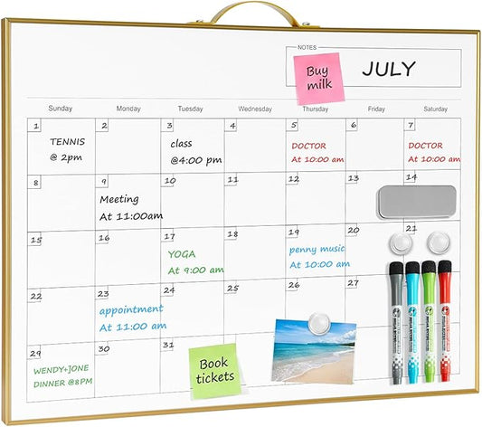 TSJ OFFICE White Board Calendar - 12 X 16 Inches Magnetic Dry Erase Board Monthly Calendar, Double Sided Whiteboard with a Handle, to Do List Notepad for Office, Home, School, Gold Aluminum Frame