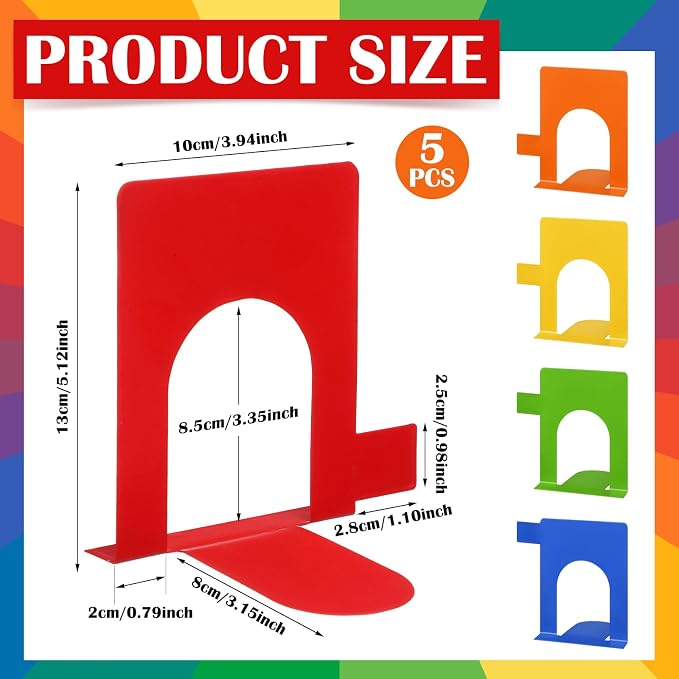 5 Set Metal Book Ends for Shelves Rainbow Book Shelf Dividers Library Shelf Marker Bookends Stopper Colorful Office Stand Holder for Heavy Books Desk Home Movies Kitchen Cds