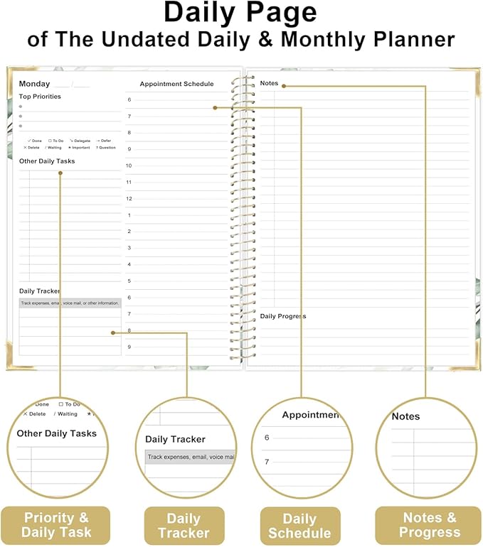 Undated Daily Monthly Planner for 2026 or Anytime - A4 To Do List with Hourly Schedule, Hardcover Spiral Bound Daily Planner to Increase Focus, Stylish School/Office Supplies, 8.5" x 11", Green Leaf
