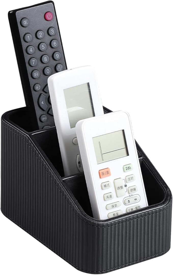 Remote Control Holder, PU Leather Nightstand Organizer Bedside Caddy with 3 Compartments, Small Desk Organizer for Remote/Pen/Glasses/Phone (Black)