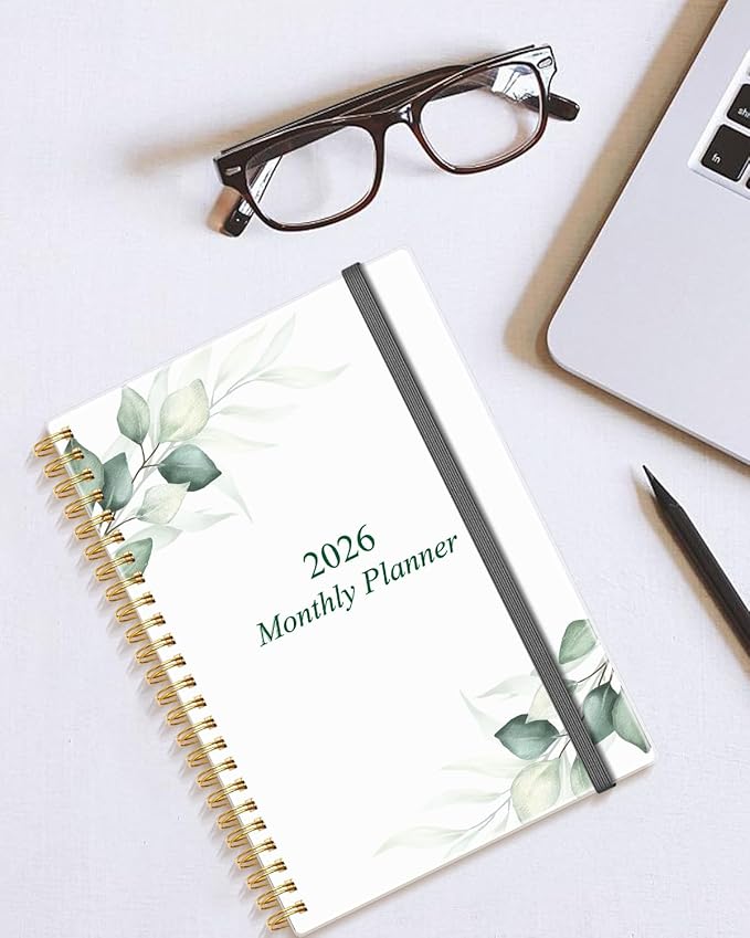 Monthly Planner 2026 - Monthly Calendar from January 2026 to December 2026, 2026 Planner with Inner Pocket, Elastic Band, 5.8" x 8.5", Green Leaf
