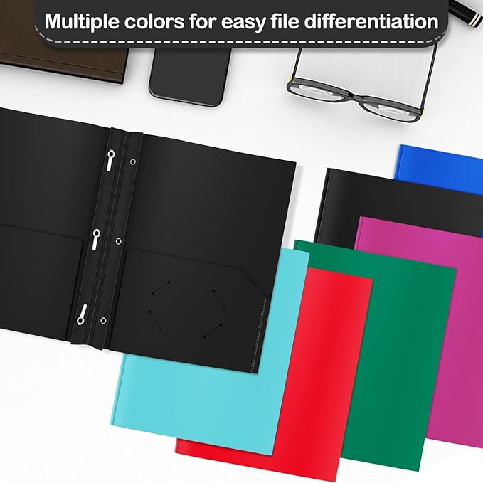 ViVin 12 Pack Plastic Folders with Pockets and Prongs, Heavy Duty 2 Pocket Folders with 3-Prong Fasteners, Poly File Holds 8-1/2" x 11" Paper for School Office Home (Black)
