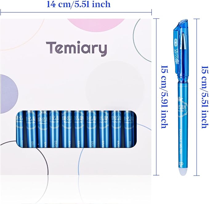Temiary 12 Pcs Erasable Gel Pens, 0.5 mm Fine Point Heat Erasable Gel Ink Pen, Quick Dry for Writing, Journaling, and Crossword Puzzles, Smooth Writing for School Office Supplies (Blue)