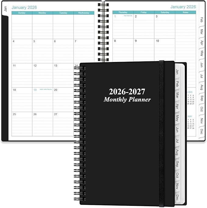 2026-2027 Monthly Planner - January 2026 - June 2027, Two Pages Per Month, 18 Monthly Calendar/Planner with Tabs, Inner Pocket, 6.4" x 8.5", Black