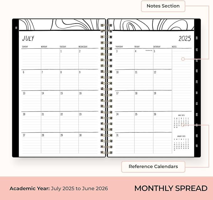 Blue Sky Idlewild 2025-2026 Weekly and Monthly Academic Year Planner Calendar, July 2025 - June 2026, 5" x 8", Flexible Cover, Wirebound, Laminated Tabs, Storage Pocket, Black Swirl