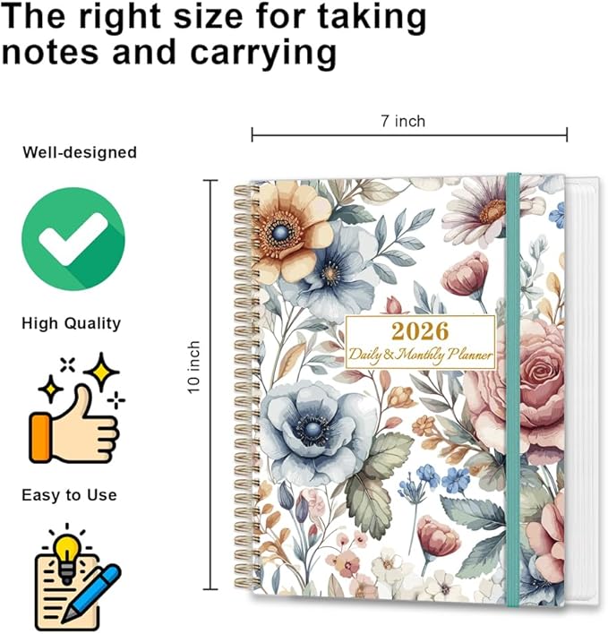 2026 Daily & Monthly Planner Calendar - Daily Planner Calendar One Page Per Day from January 2026 to December 2026, Flexible Cover, 7" x 10", Storage Pocket, Colorful Large Flower