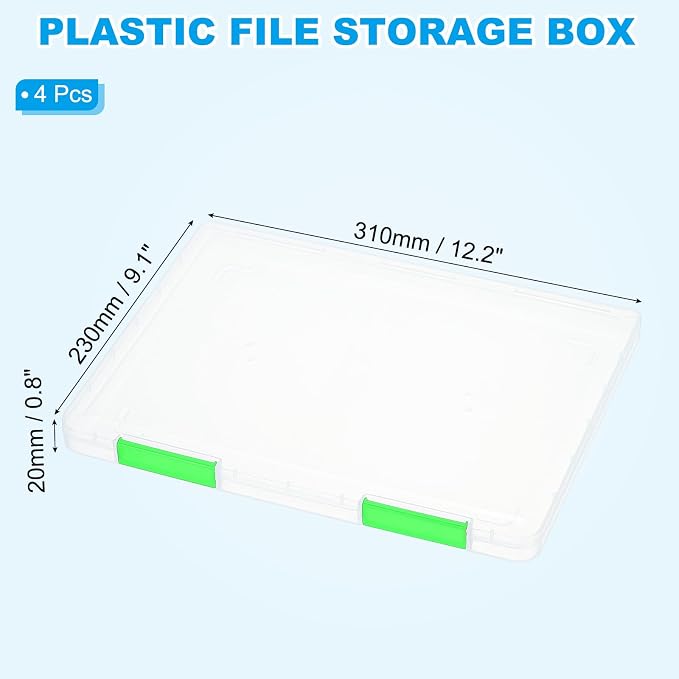 PATIKIL Clear A4 File Portable Project Case with Buckle Plastic Storage Box for 8.5" x 11" Letter Paper Scrapbook Paper Storage Boxes, 4Pcs, 12.2"x9.1"x0.8", Light Green