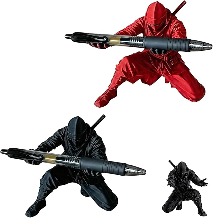 2 PCS Ninja Pen Holder, Ninja Warrior Pen Holder for Desk, Samurai Pen Holder with Sword Pens, Ninja Warrior Accessories for Office and Home Decor, Ninja Figure Pen Stand(Black and Red)