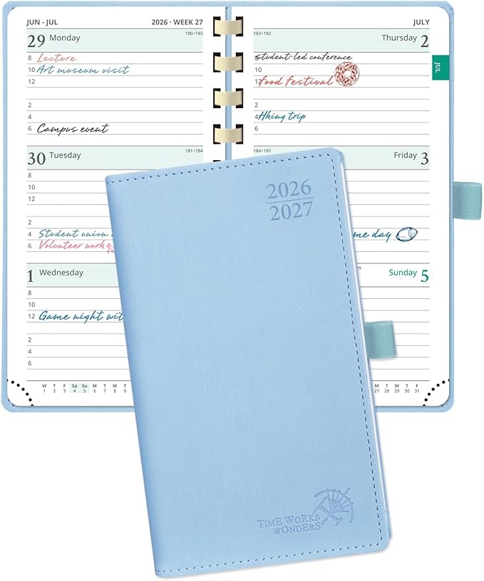 POPRUN Pocket Planner 2026-2027 (Slim Size 3.5'' x 6.5'') Academic Purse Calendar (July 2026 - June 2027) with Hourly Time Slots, 100GSM Thick Paper, Spiral Soft Cover - Blue