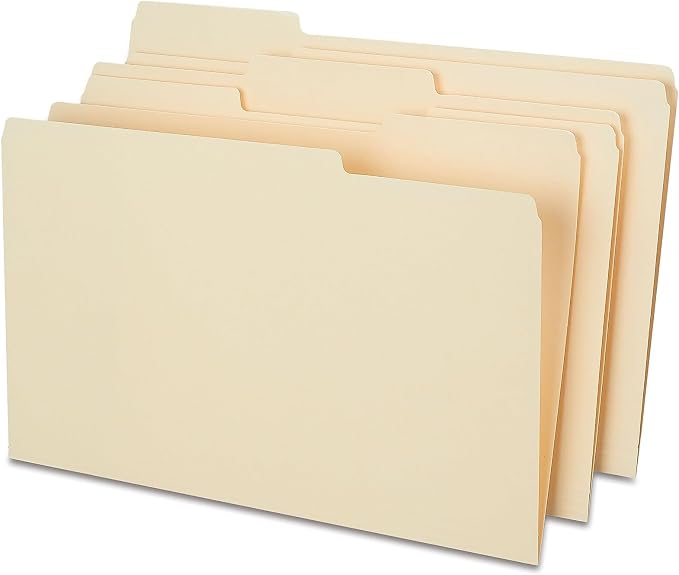 Staples File Folders, Legal Size, 1/3‑Cut Tabs, Assorted Positions, Manila, Durable Paper Stock, 50/Pack